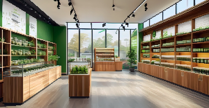 A modern cannabis dispensary with bright lighting and diverse marijuana products displayed on shelves, creating a welcoming atmosphere for customers.
