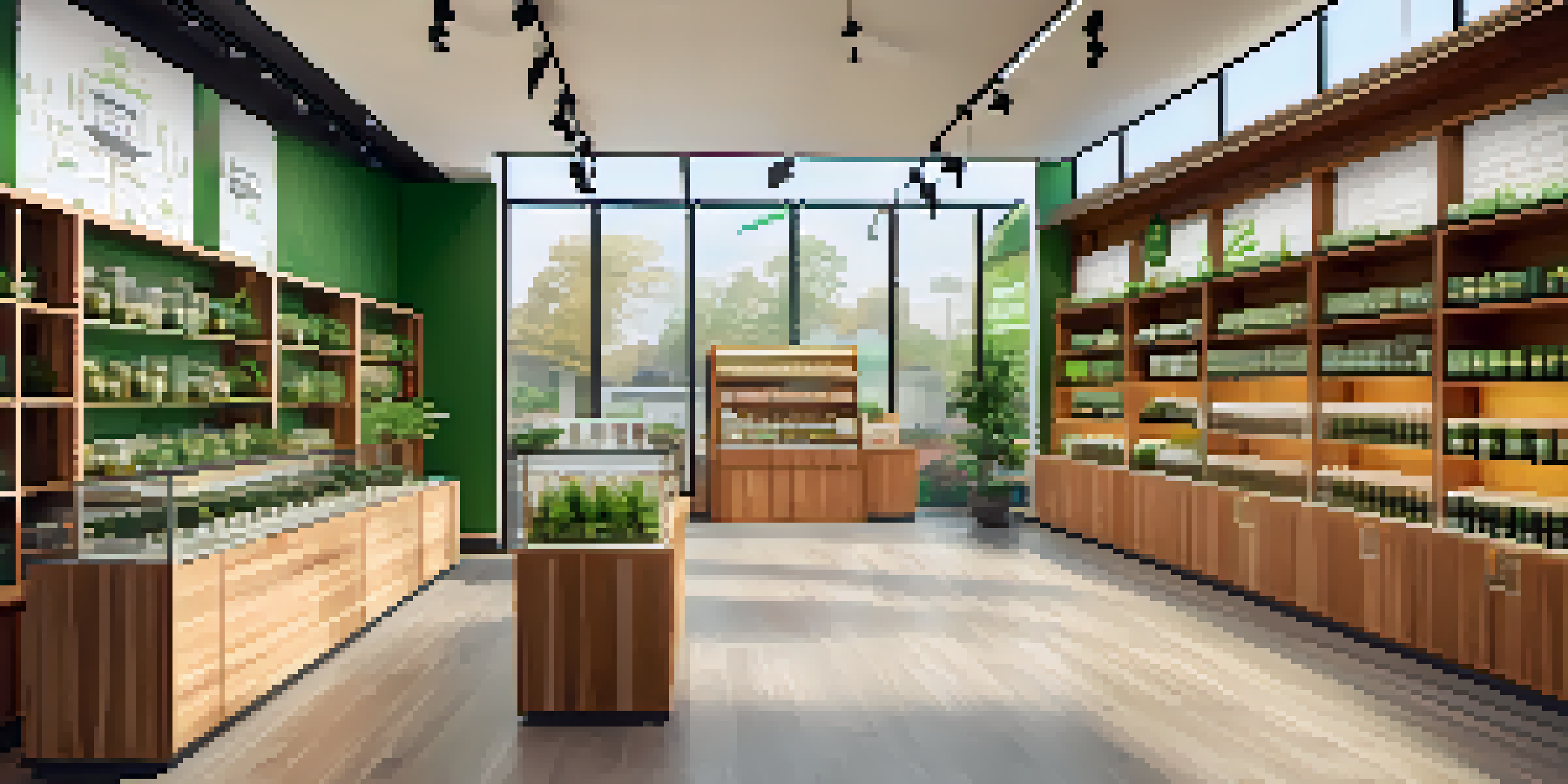 A modern cannabis dispensary with bright lighting and diverse marijuana products displayed on shelves, creating a welcoming atmosphere for customers.