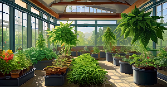 An indoor cannabis garden with lush green plants nourished by organic nutrients, illuminated by natural sunlight.
