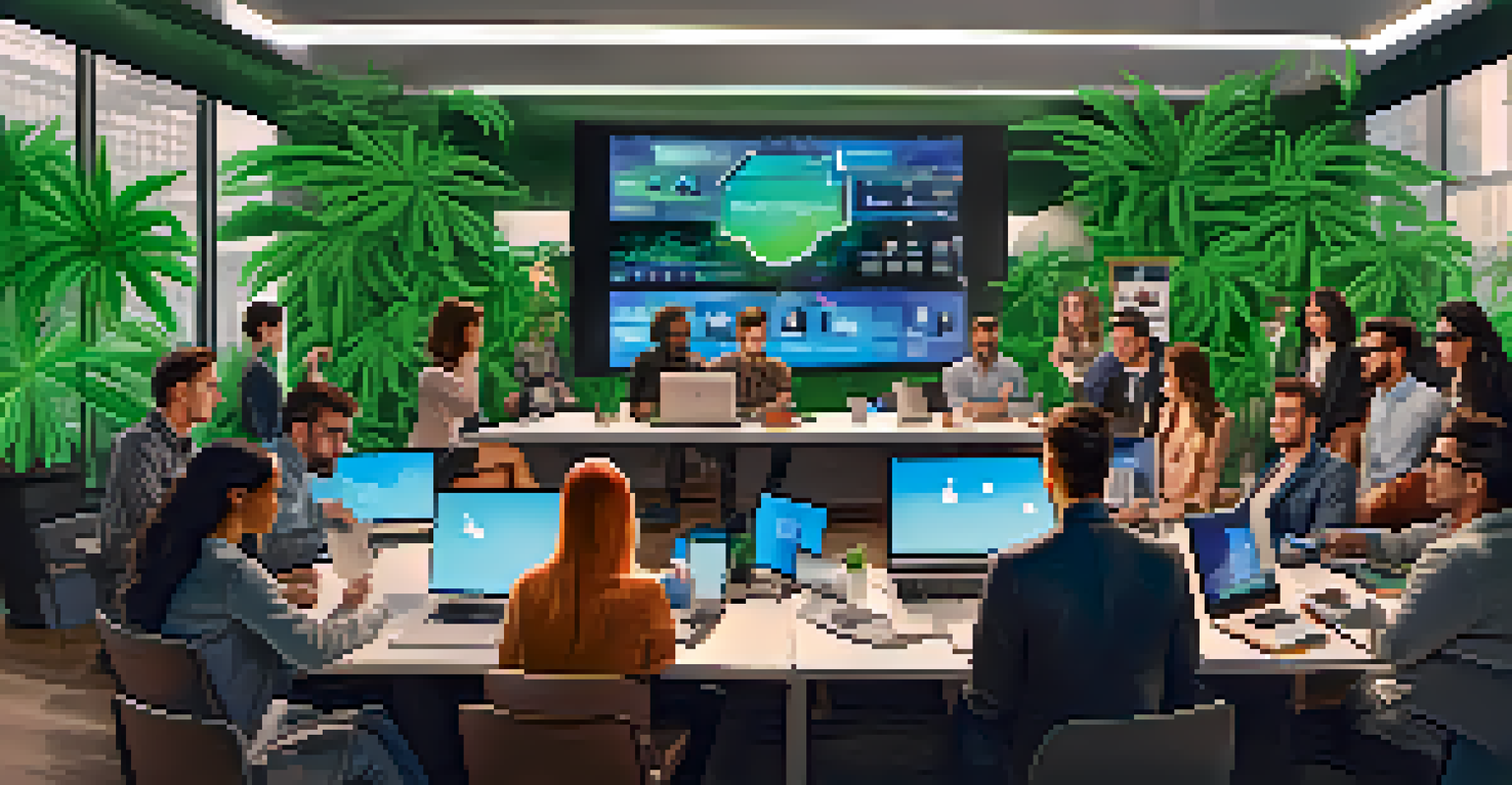 A group of cannabis influencers collaborating with brand representatives in a modern office setting.