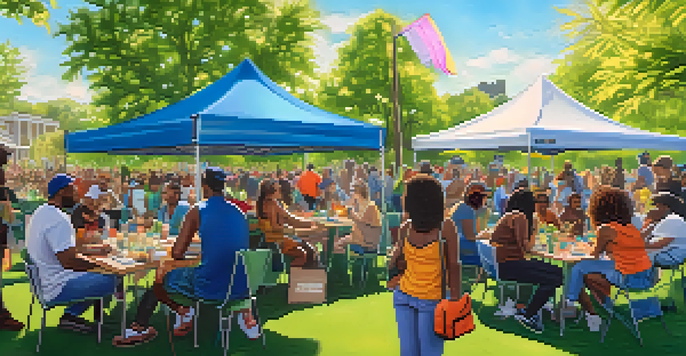 A lively community event focused on cannabis equity, featuring diverse individuals talking at booths in a sunny park.