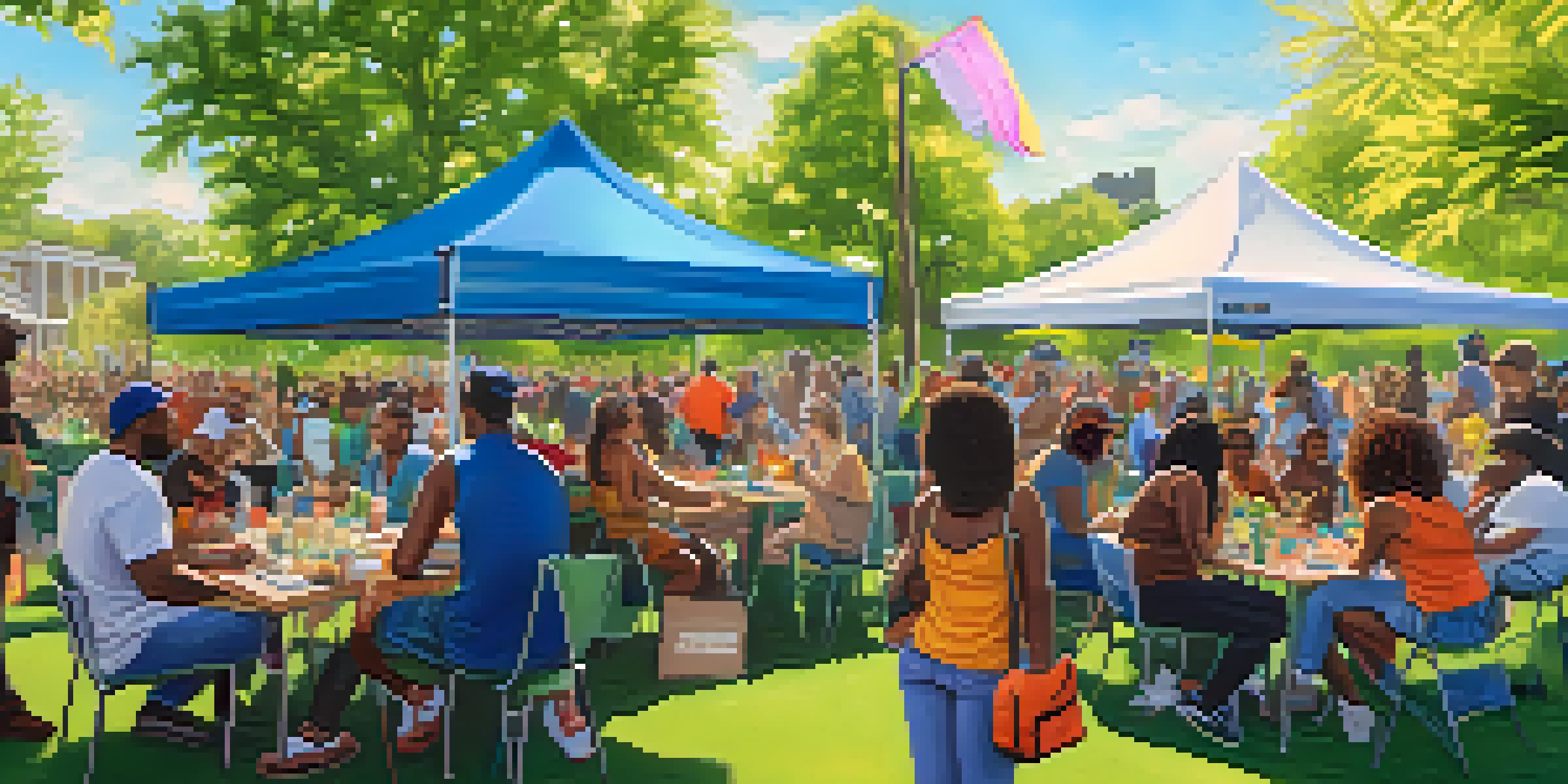 A lively community event focused on cannabis equity, featuring diverse individuals talking at booths in a sunny park.