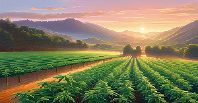 A cannabis farm at sunrise with green plants and a misty background.