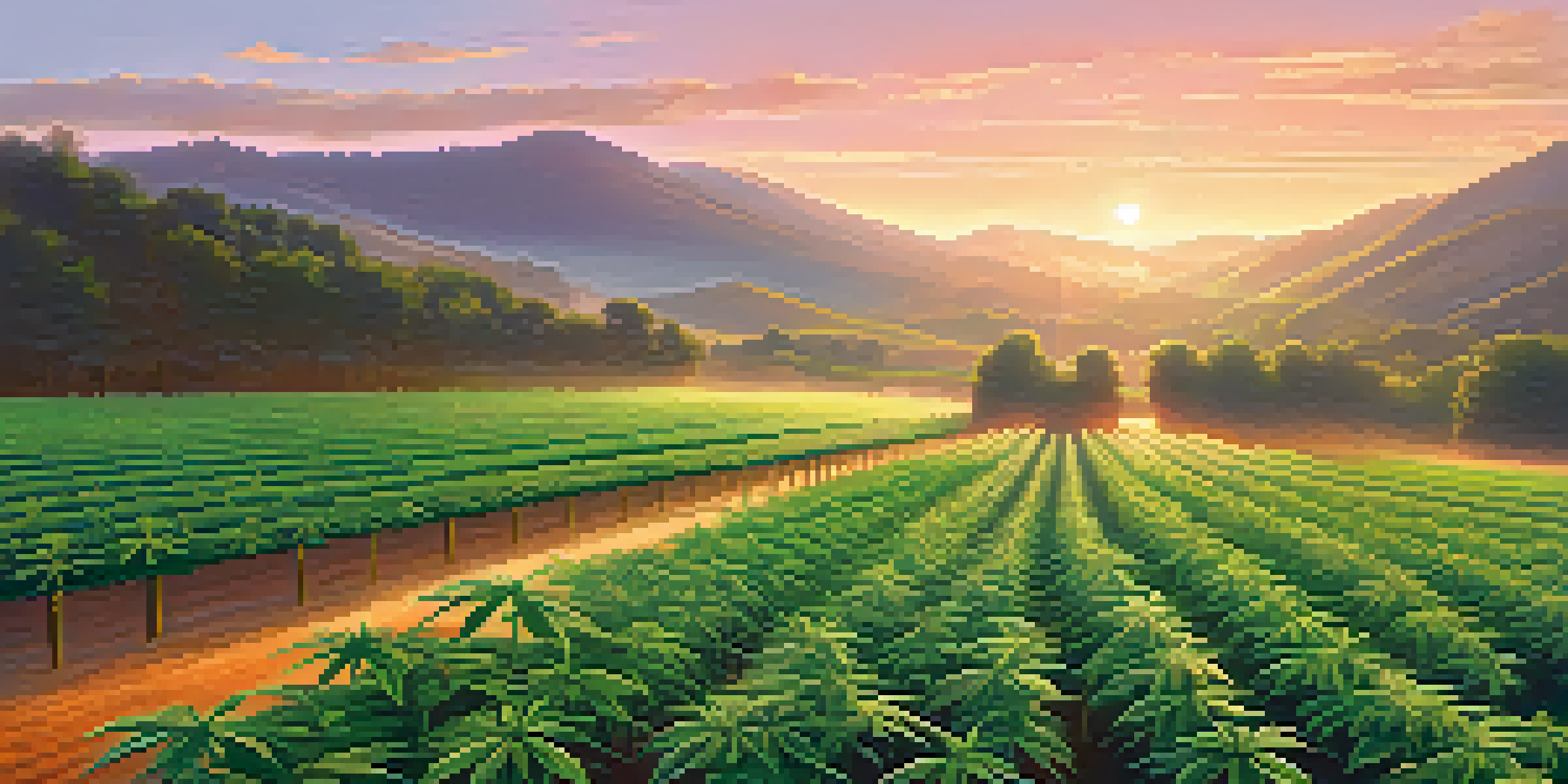 A cannabis farm at sunrise with green plants and a misty background.