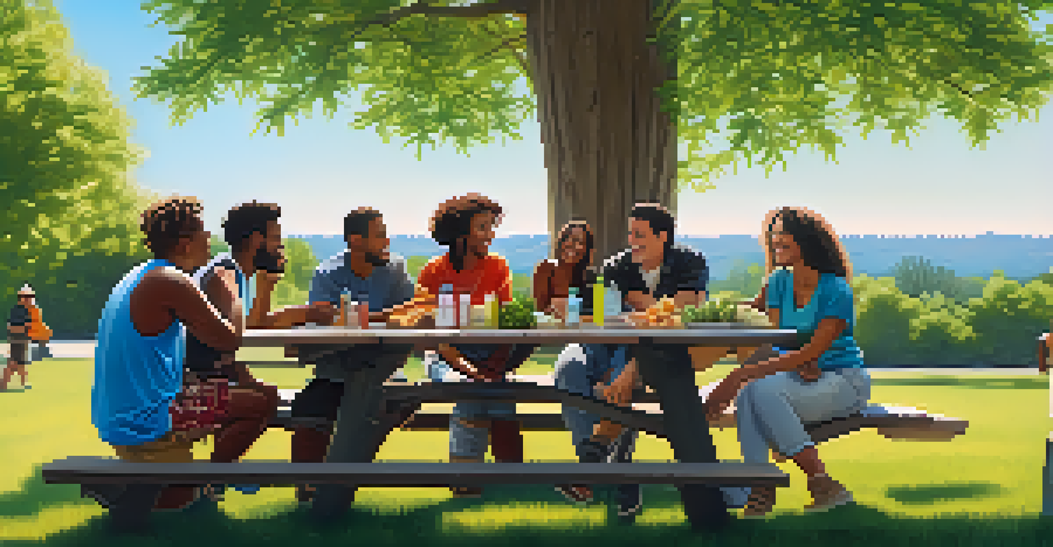 A diverse group of people enjoying a picnic in a park, sharing laughter and cannabis-infused snacks under a bright blue sky.