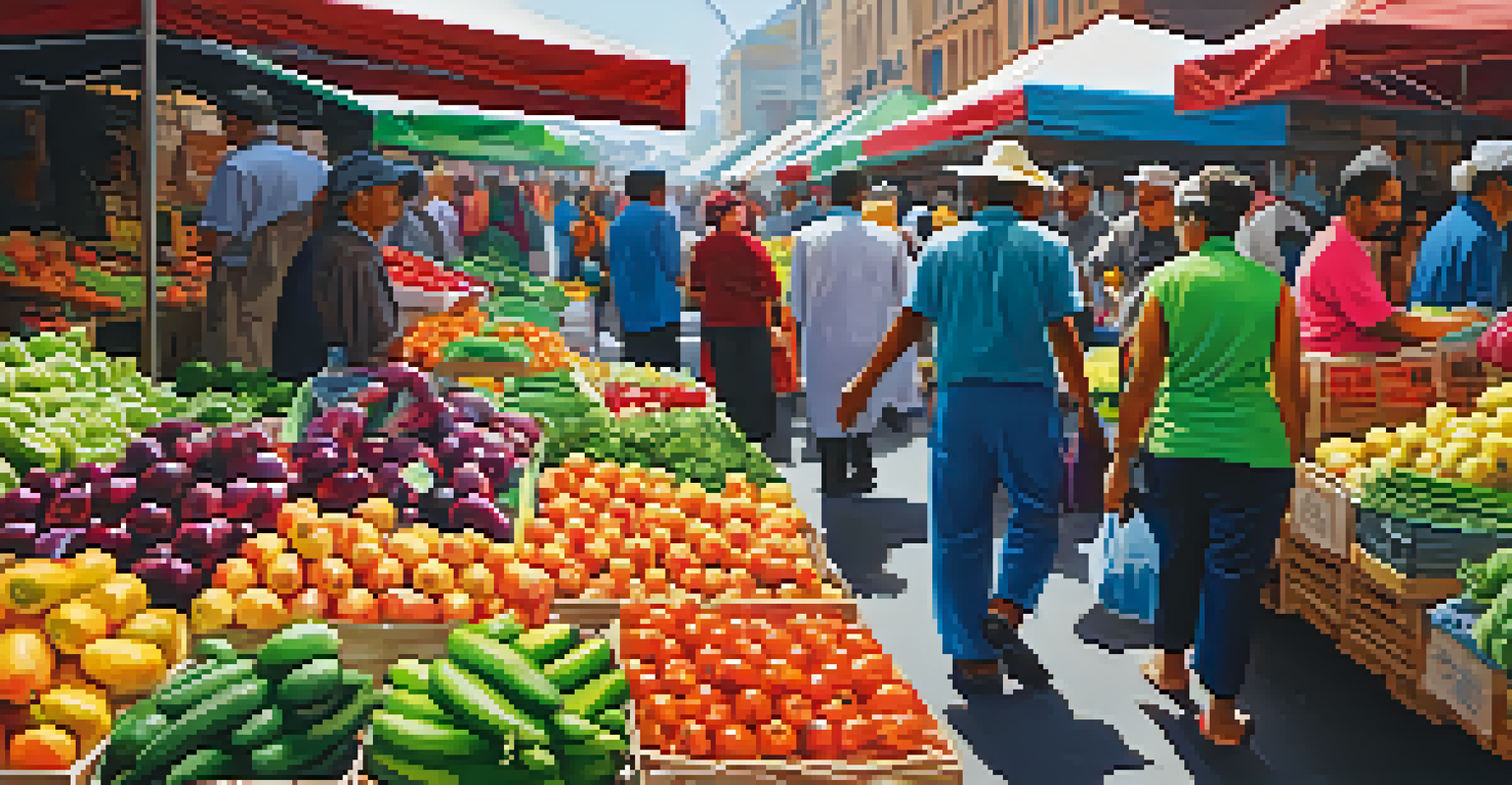 A busy market with colorful stalls and diverse people shopping for fresh produce.