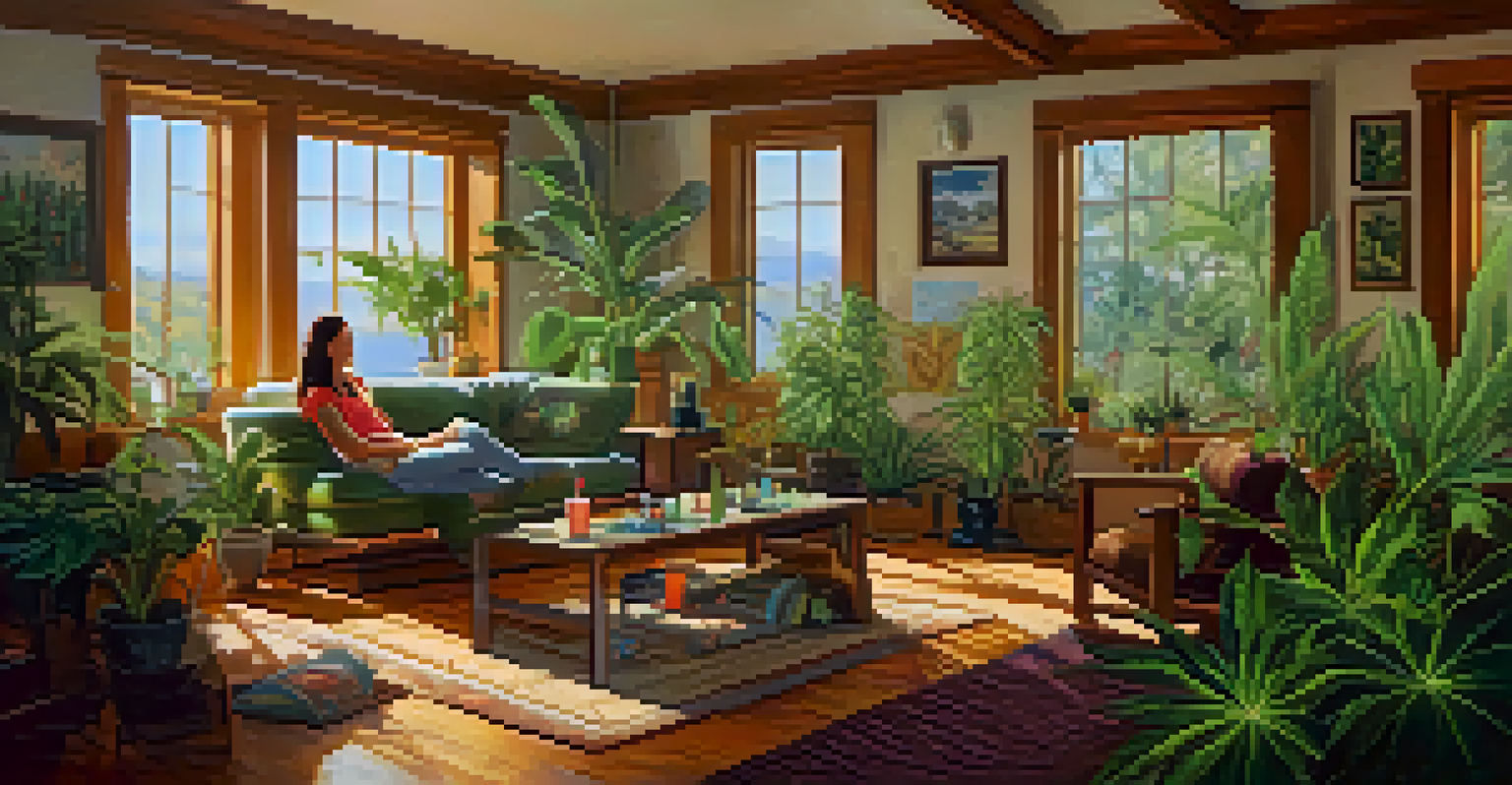 A young woman in a cozy living room exploring medical marijuana options for pain relief, surrounded by cannabis products.