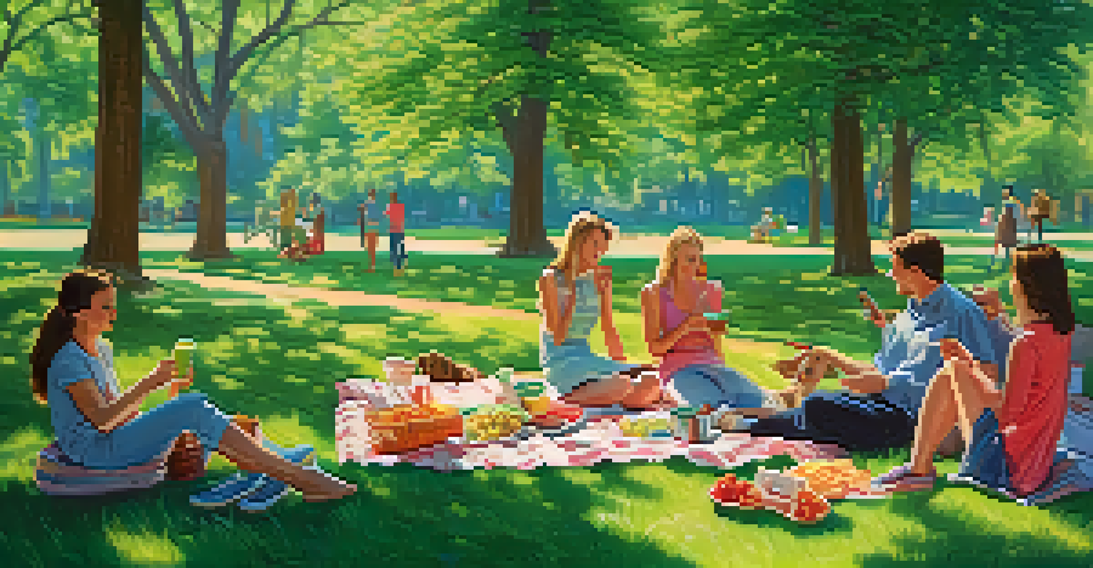 A sunny park with friends enjoying a picnic on a blanket, surrounded by blooming trees and a clear blue sky.