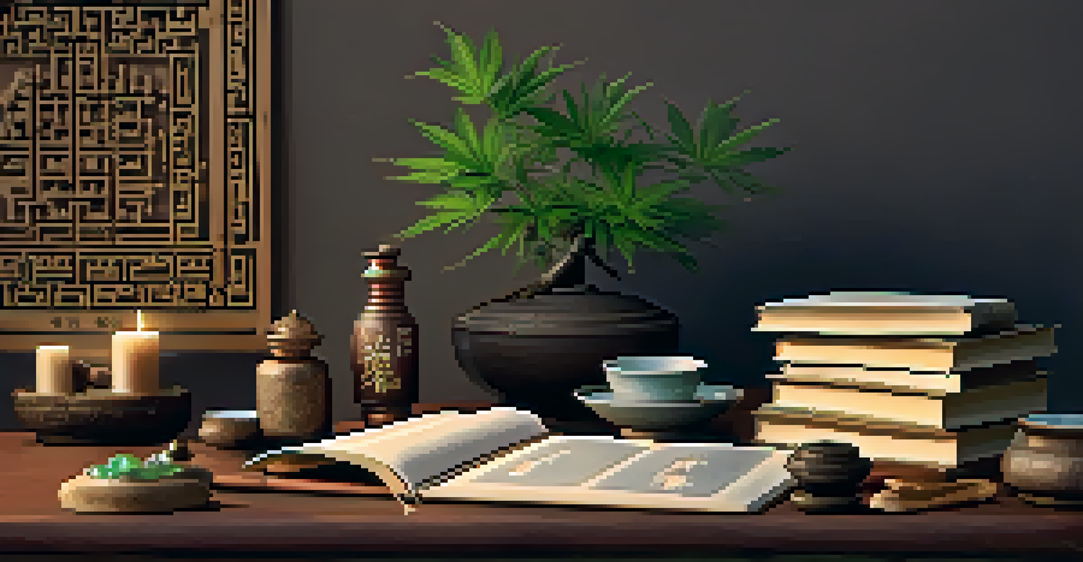 A display of traditional Chinese medicine books on a wooden table, with open pages about cannabis uses and a jade statue.
