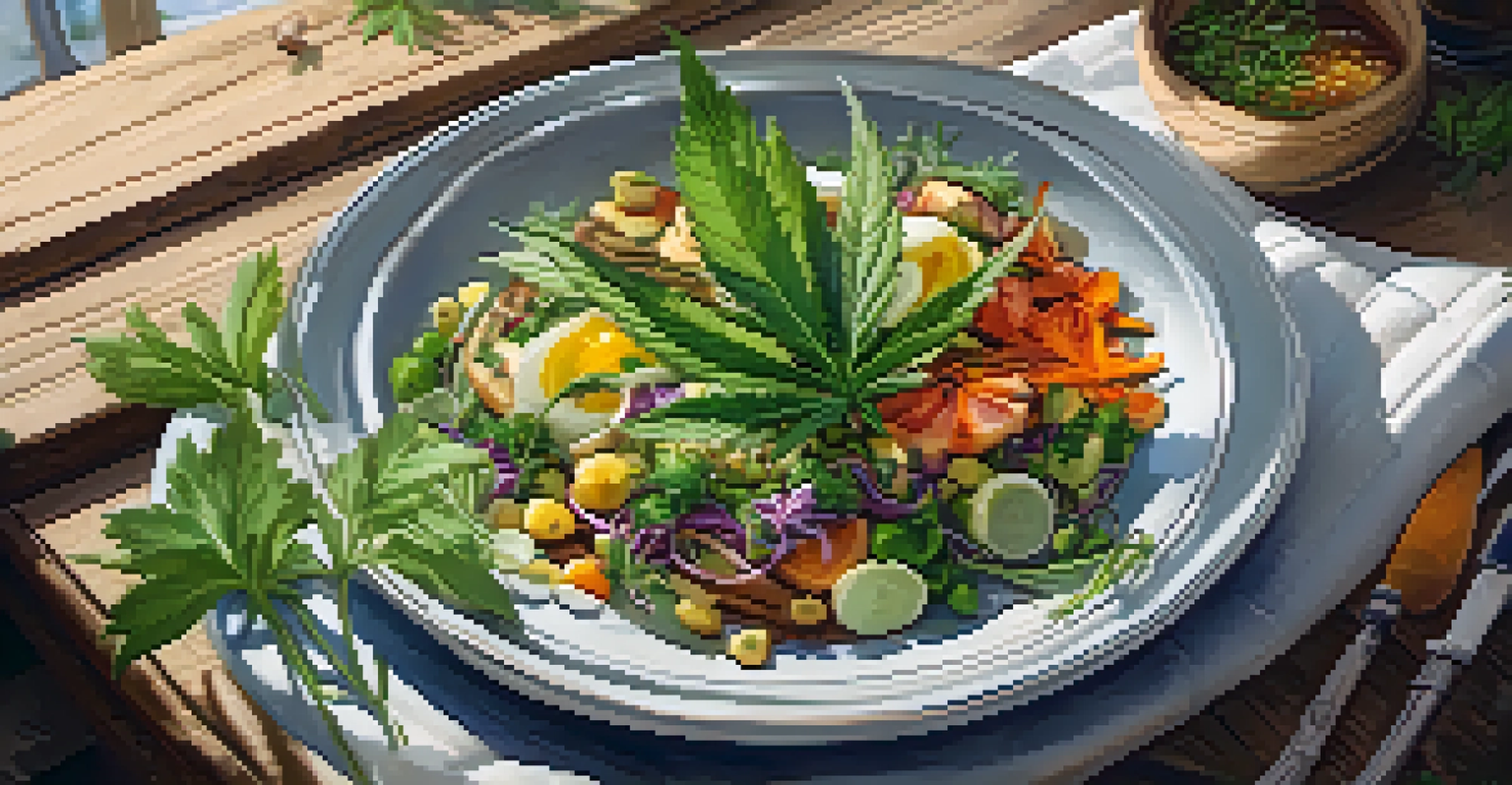 A vibrant cannabis-infused dish on a wooden table, beautifully garnished and illuminated by natural light.