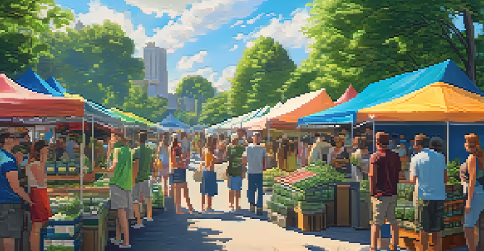 A lively outdoor market featuring colorful stalls selling cannabis products, with people interacting and a bright sunny day in the background.