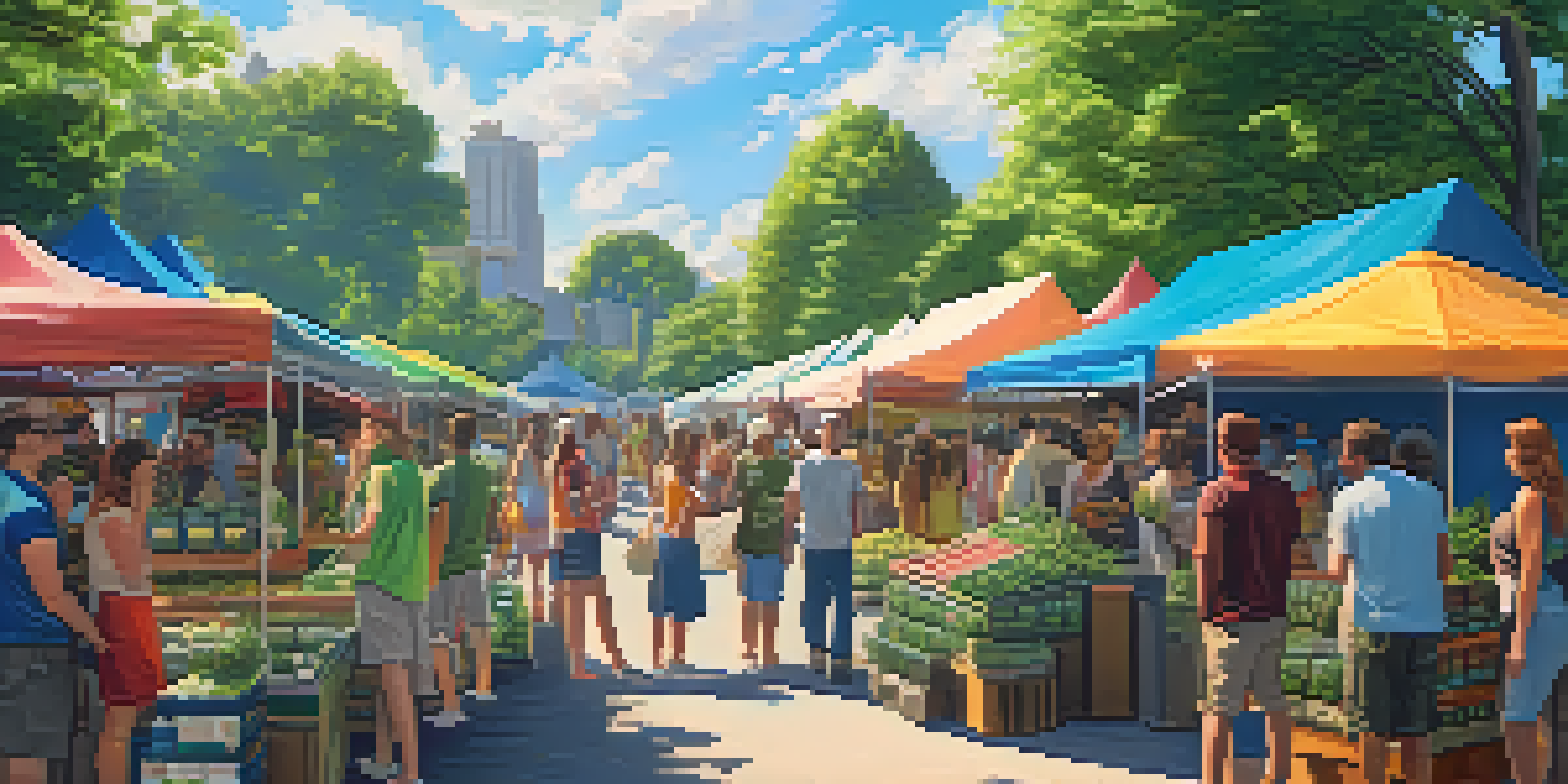 A lively outdoor market featuring colorful stalls selling cannabis products, with people interacting and a bright sunny day in the background.