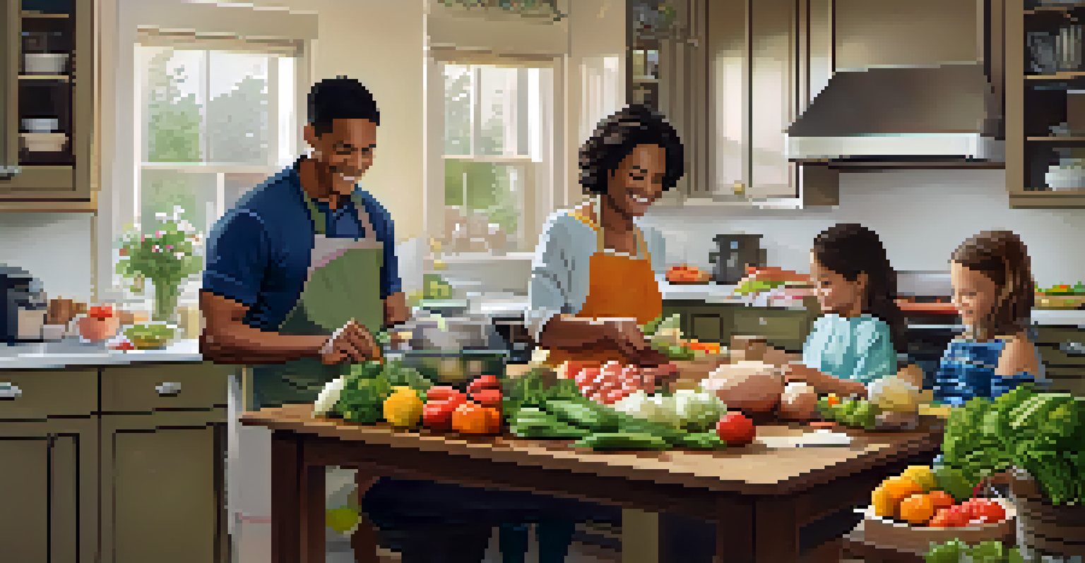 A family joyfully preparing a healthy meal together in a bright kitchen, highlighting the importance of nutrition for Alzheimer's patients.