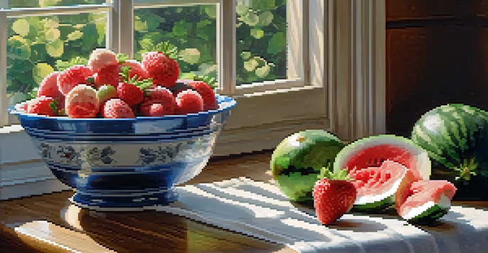 A colorful assortment of fresh fruits like watermelon, strawberries, and cucumbers on a wooden board, with a bowl of yogurt beside it.
