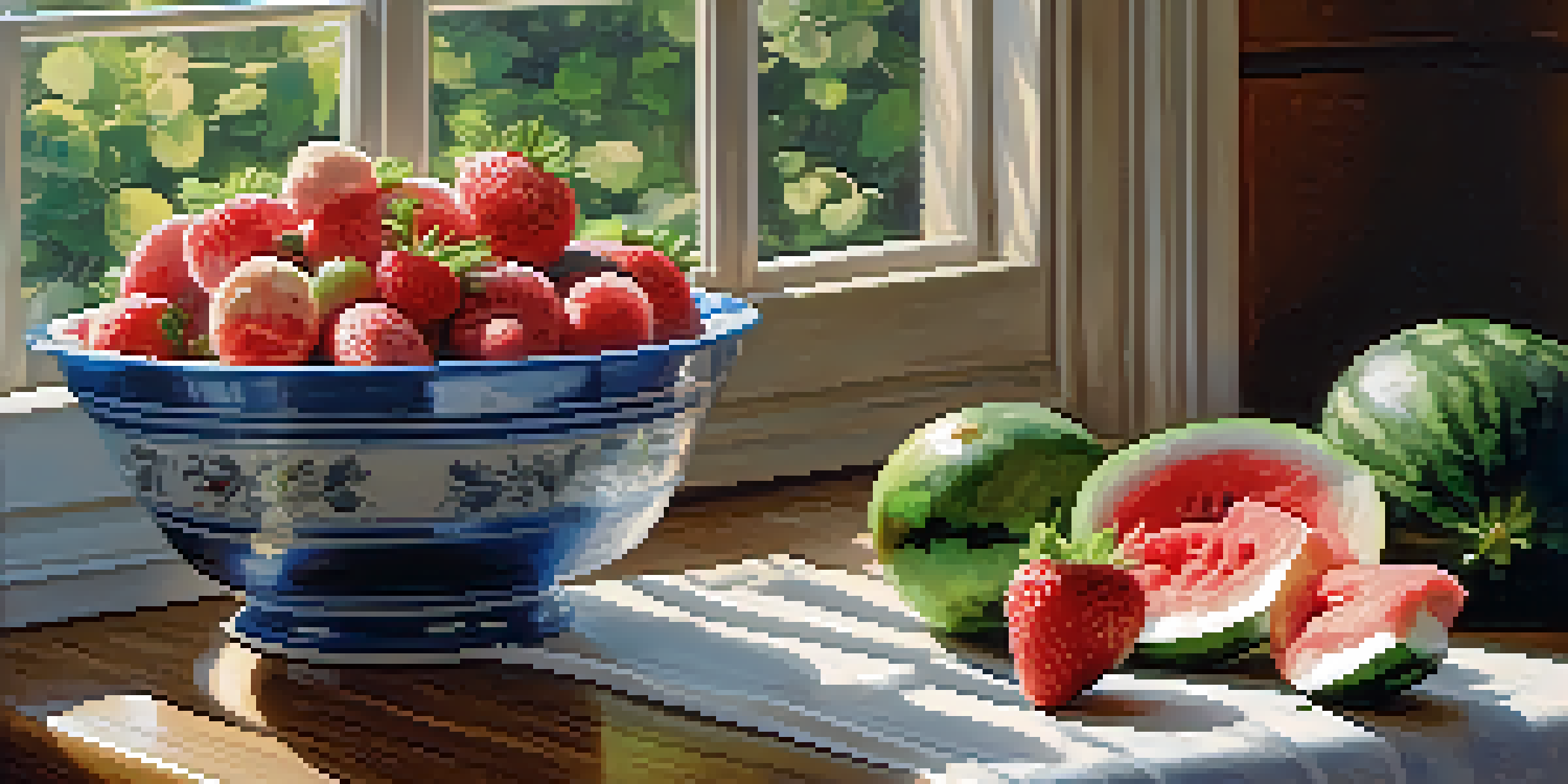 A colorful assortment of fresh fruits like watermelon, strawberries, and cucumbers on a wooden board, with a bowl of yogurt beside it.