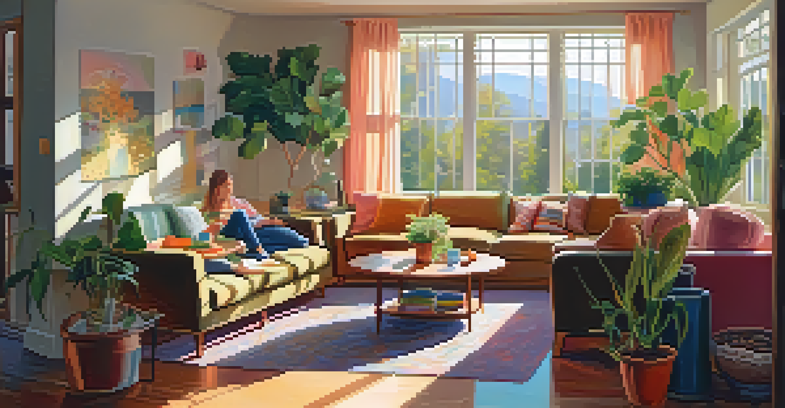 Friends enjoying a cozy gathering in a plant-filled living room.