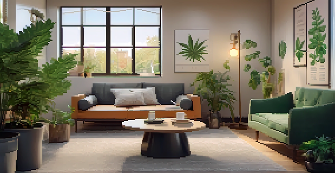 A cozy room with comfortable seating, soft lighting, and educational materials about marijuana use, creating a welcoming atmosphere for harm reduction.