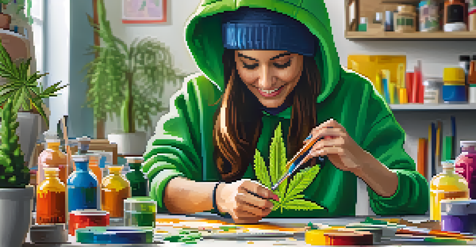 A person painting a hoodie with cannabis designs at a bright crafting table filled with paints and supplies.