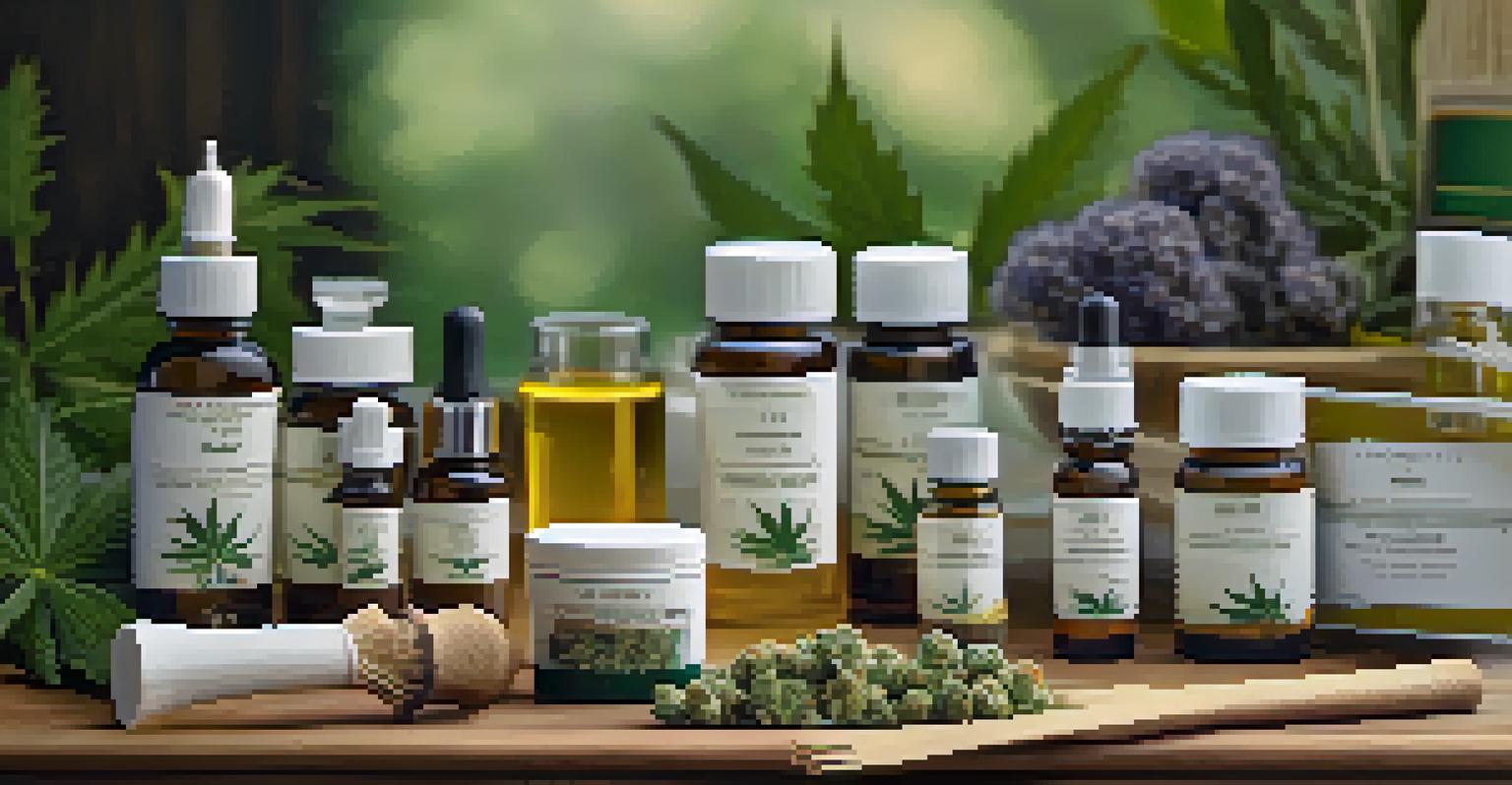 An assortment of cannabis products including oils and edibles on a wooden table, with a garden in the background.