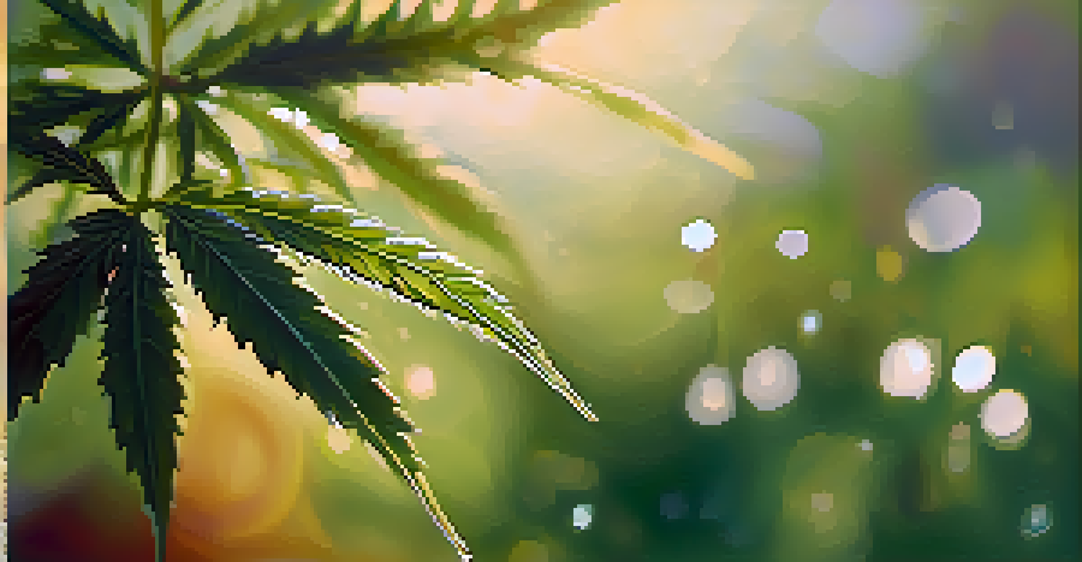 Close-up of cannabis leaves glistening with dew drops in the morning sunlight, with a blurred garden background.