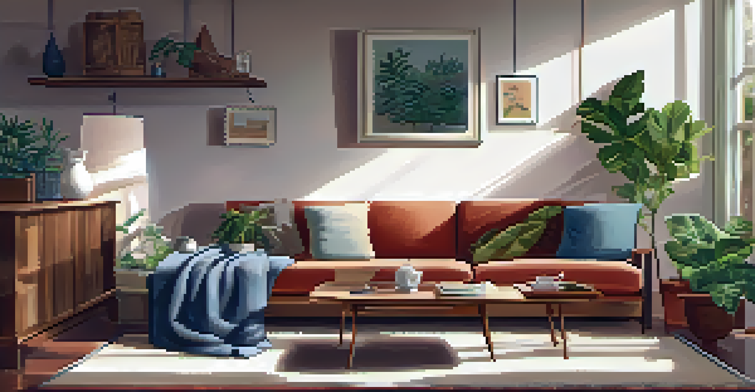 A person sitting on a couch in a cozy living room, writing in a journal with a thoughtful expression, surrounded by plants and warm lighting.