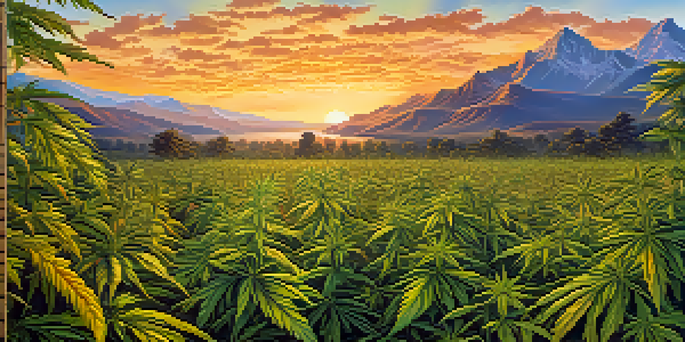 A peaceful cannabis field bathed in golden sunset light, with detailed plants in the foreground and mountains in the background.