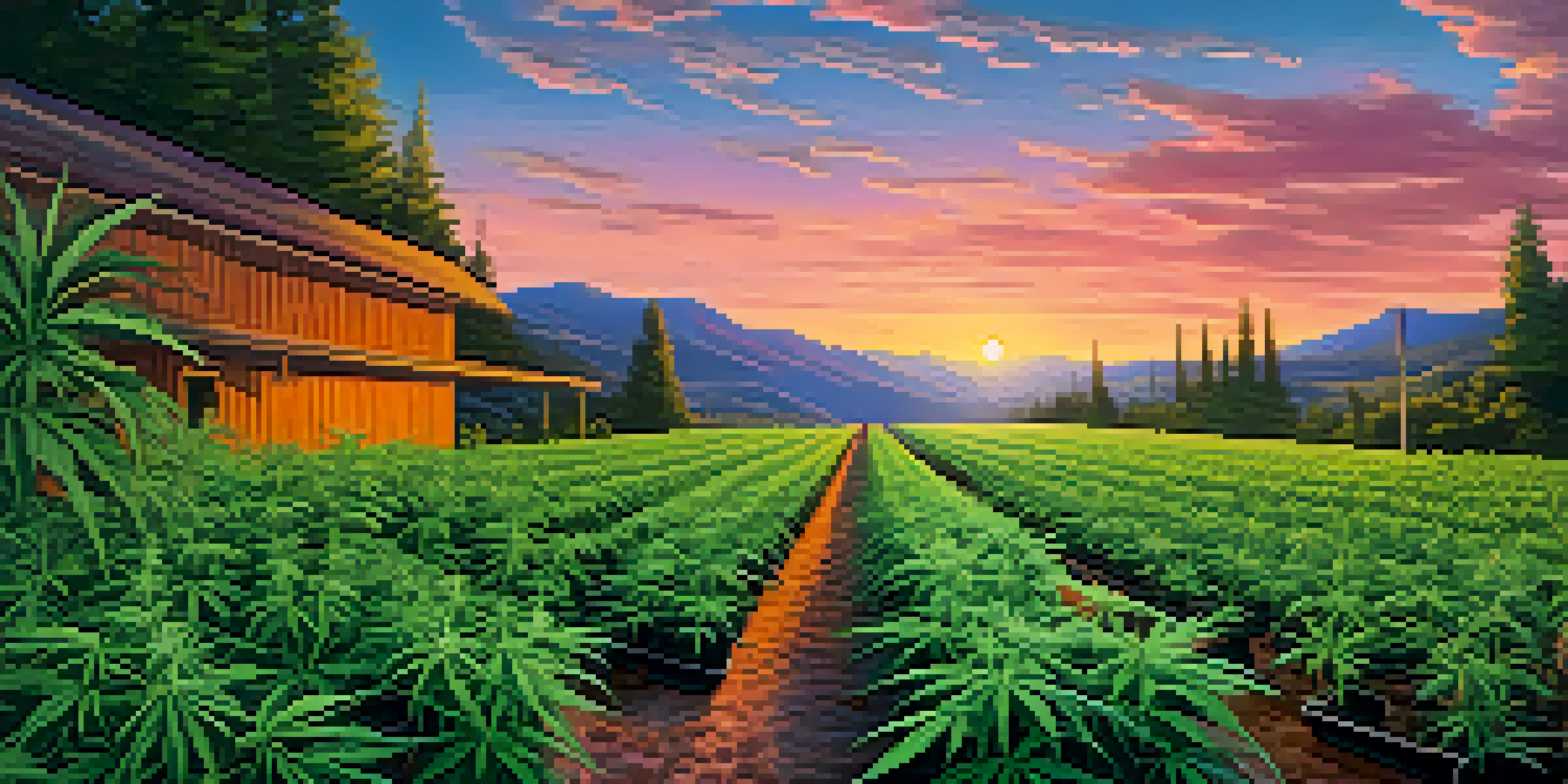 An outdoor cannabis farm at sunset, with green plants in rows and mountains in the background, under a colorful sky.