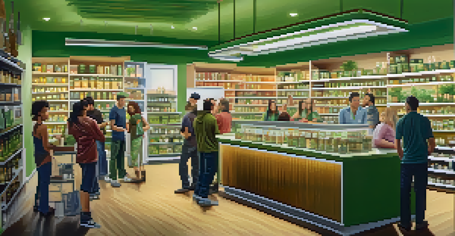 A busy marijuana dispensary with customers browsing various cannabis products on shelves.