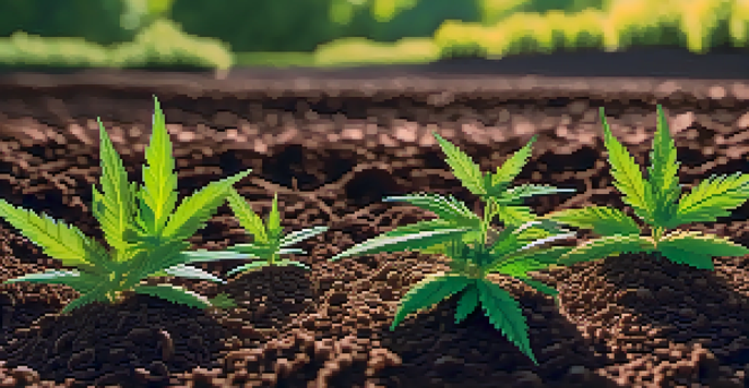 A close-up view of healthy, rich soil in a marijuana field with green plants, showing textures and small earthworms.