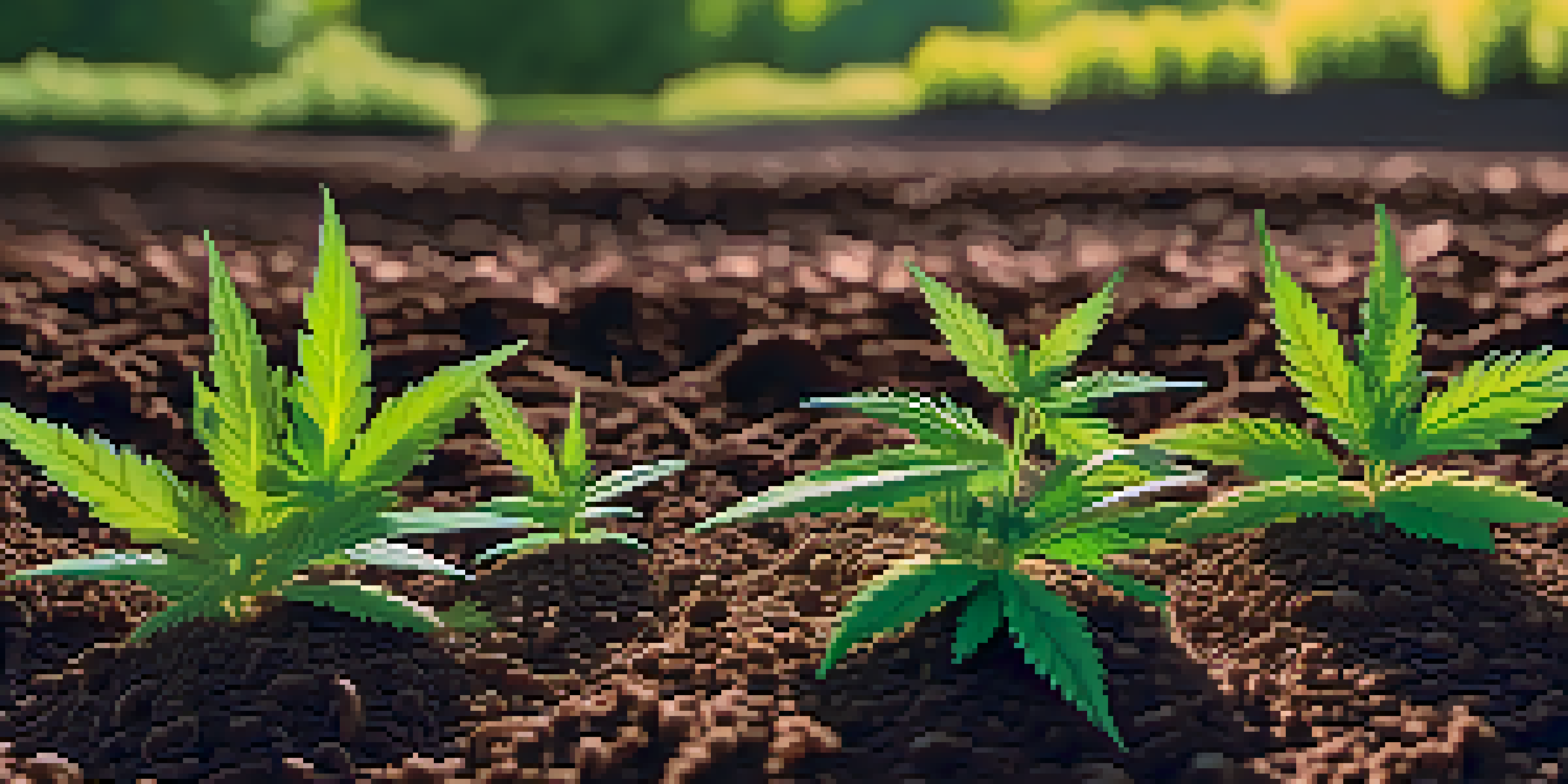 A close-up view of healthy, rich soil in a marijuana field with green plants, showing textures and small earthworms.