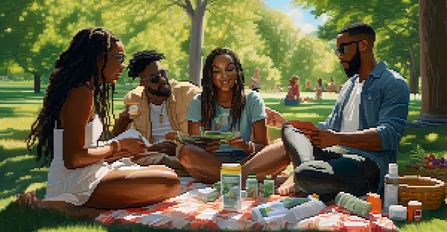 A group of gender non-conforming individuals relaxing in a park with cannabis products and educational materials on display.