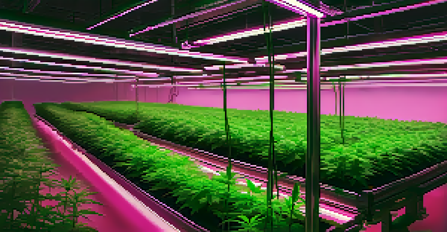 A modern vertical cannabis farm with lush green plants under bright LED lights and advanced hydroponic systems in the background.