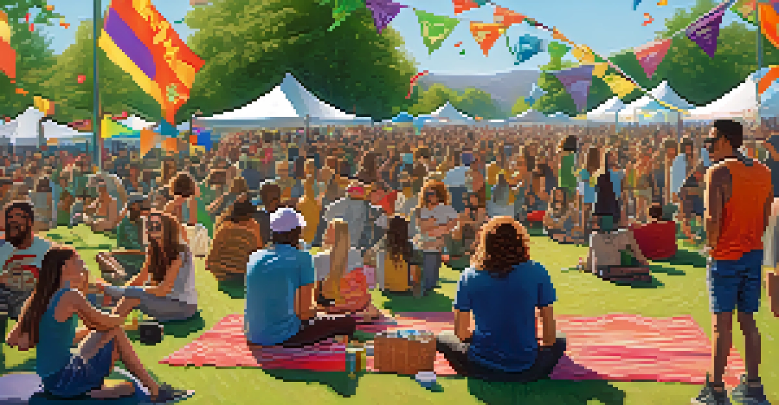 A vibrant music festival with a crowd enjoying live performances and cannabis lounges, displaying a sense of community and celebration.