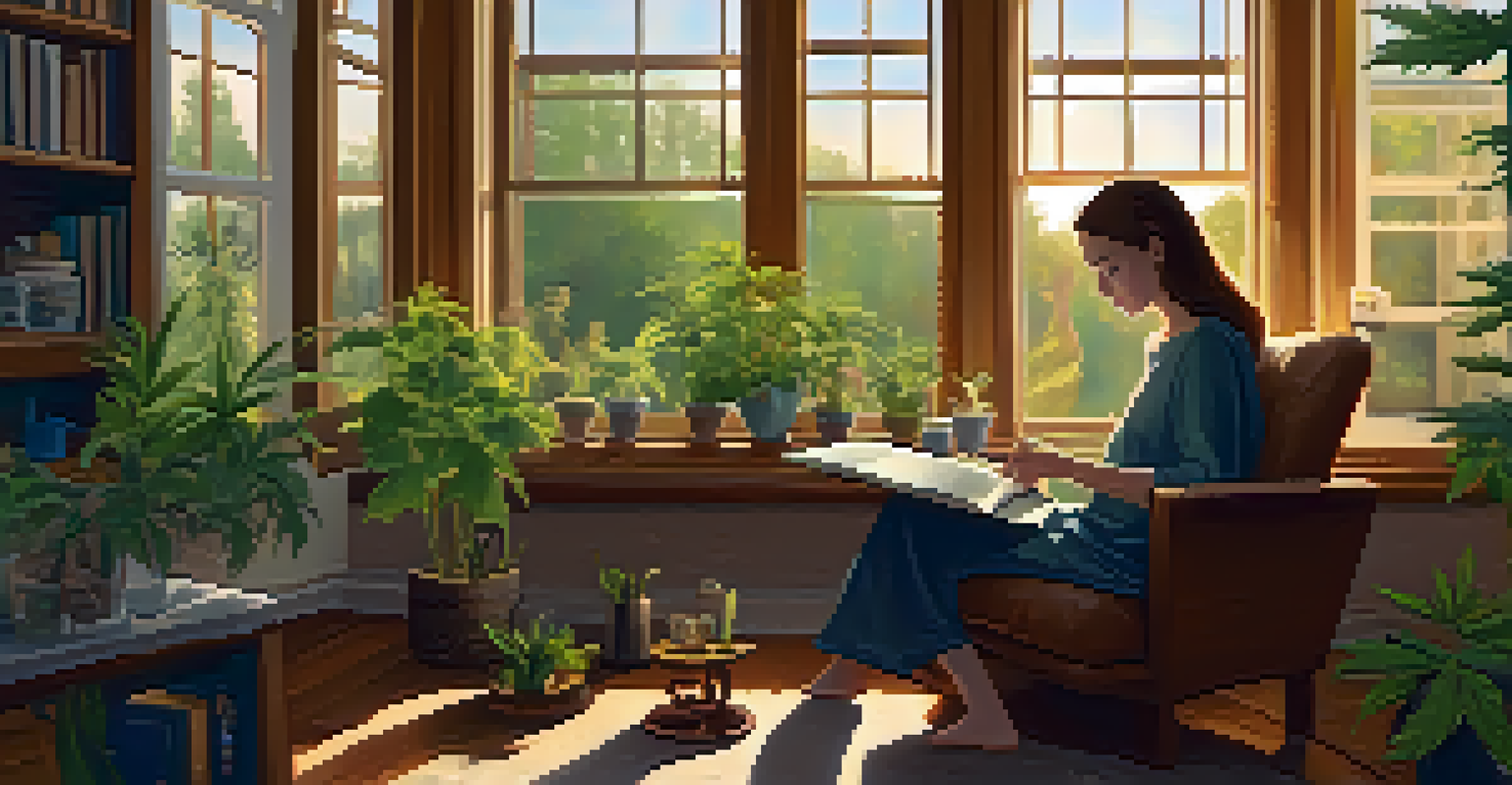 An individual journaling in a cozy living room about their herbal supplement routine, surrounded by cannabis strains and herbal supplements, with warm light streaming in from a window.