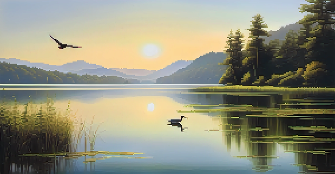 A tranquil lake scene surrounded by green forests and mountains, with morning sunlight creating reflections on the water.