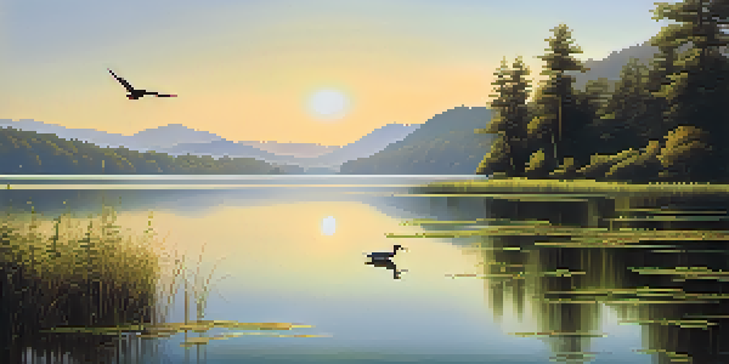A tranquil lake scene surrounded by green forests and mountains, with morning sunlight creating reflections on the water.