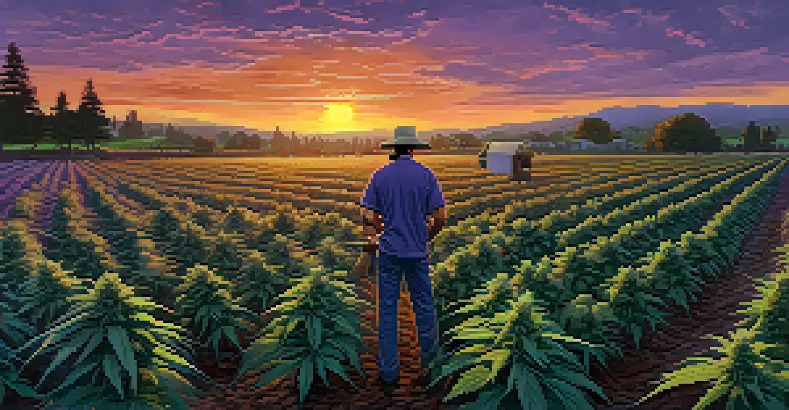An outdoor cannabis farm at sunset with rows of plants and a farmer working, surrounded by colorful skies.