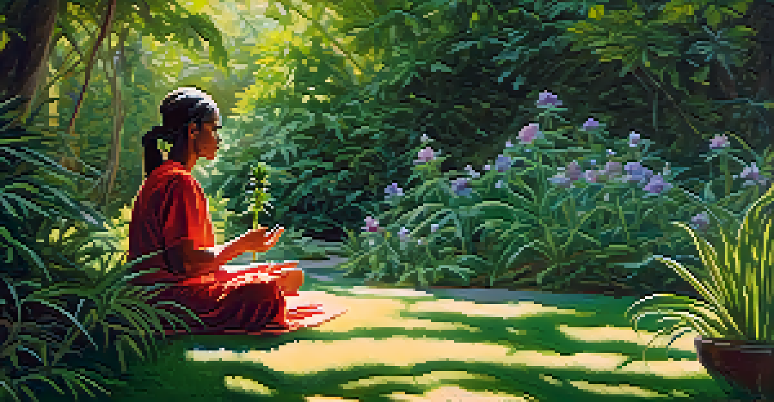 A person meditating in a garden, holding a cannabis bud, surrounded by flowers and sunlight filtering through the trees, creating a peaceful atmosphere.