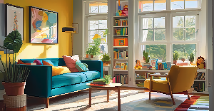 A parent playing with their child in a cozy living room filled with plants and children's toys, illuminated by soft natural light.