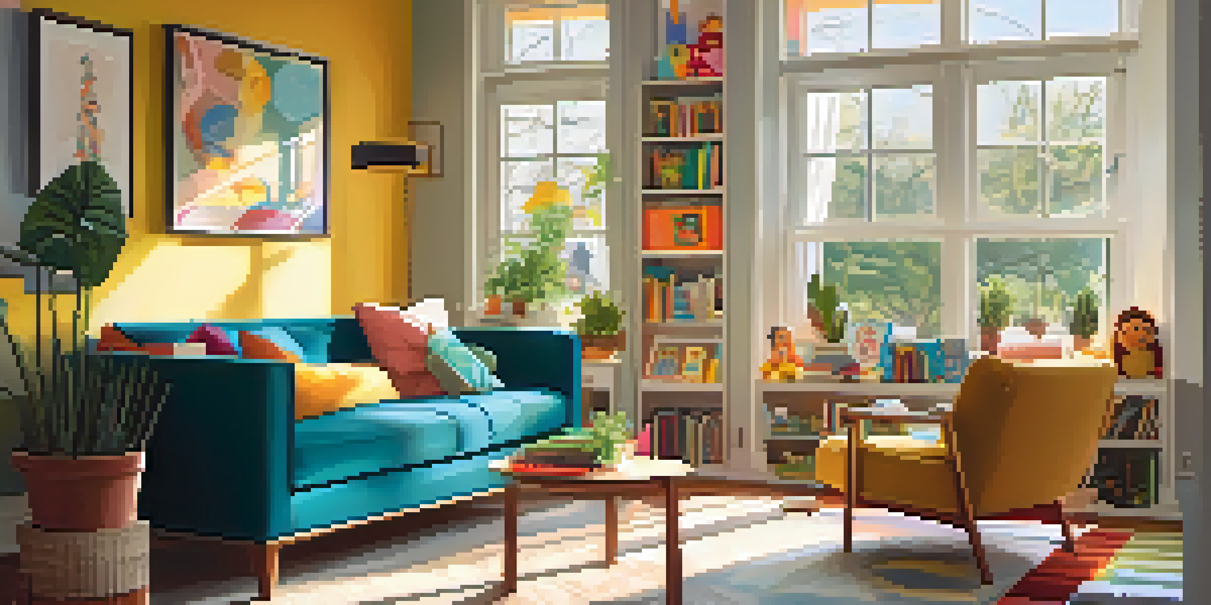 A parent playing with their child in a cozy living room filled with plants and children's toys, illuminated by soft natural light.