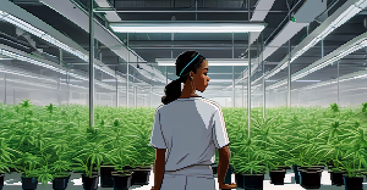 A woman inspecting cannabis plants in a well-lit cultivation facility, highlighting her focus and dedication to her work.