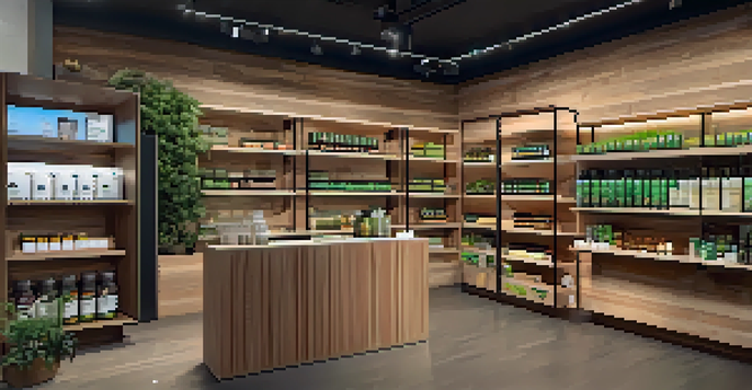 A modern marijuana retail store interior with wooden shelves and a budtender assisting a customer.