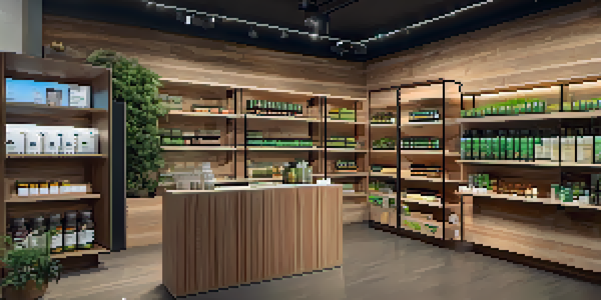 A modern marijuana retail store interior with wooden shelves and a budtender assisting a customer.