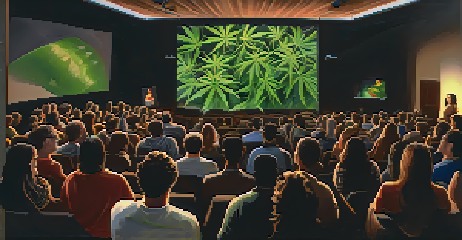 A cozy theater filled with a diverse audience watching a documentary film about cannabis, with a large screen showing a still from the film.