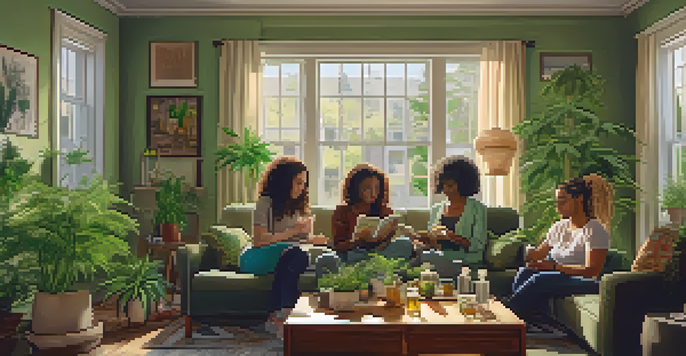 A diverse group of women in a cozy living room, engaging in cannabis-related activities with warm lighting and houseplants.