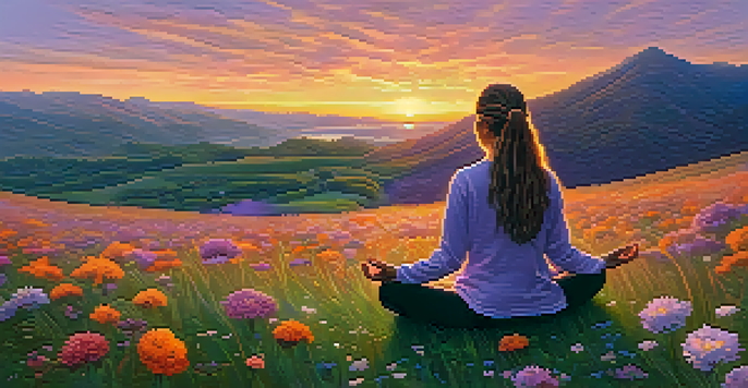 A person meditating on a grassy hill during sunset, surrounded by wildflowers, with a colorful sky above.