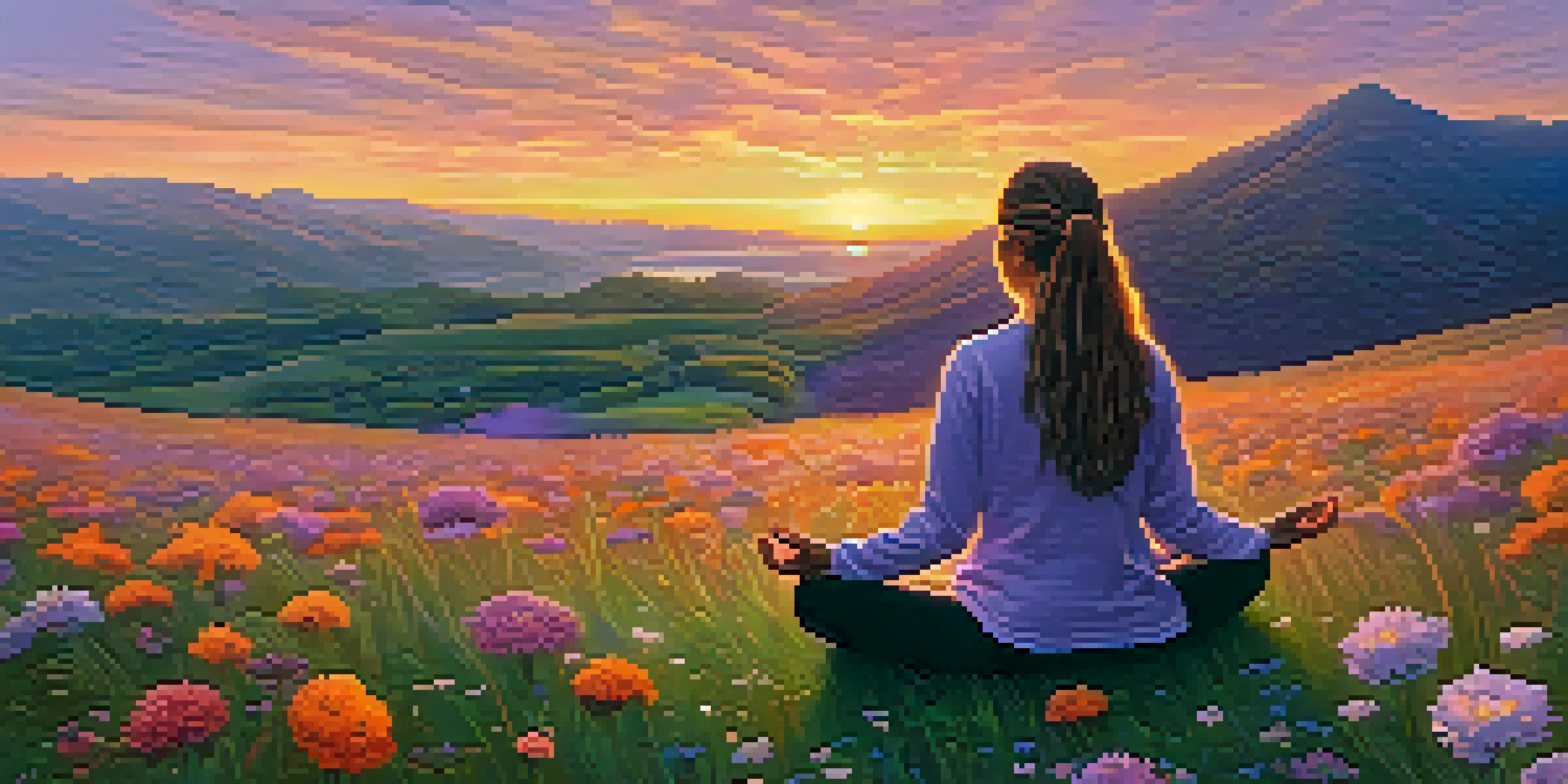 A person meditating on a grassy hill during sunset, surrounded by wildflowers, with a colorful sky above.