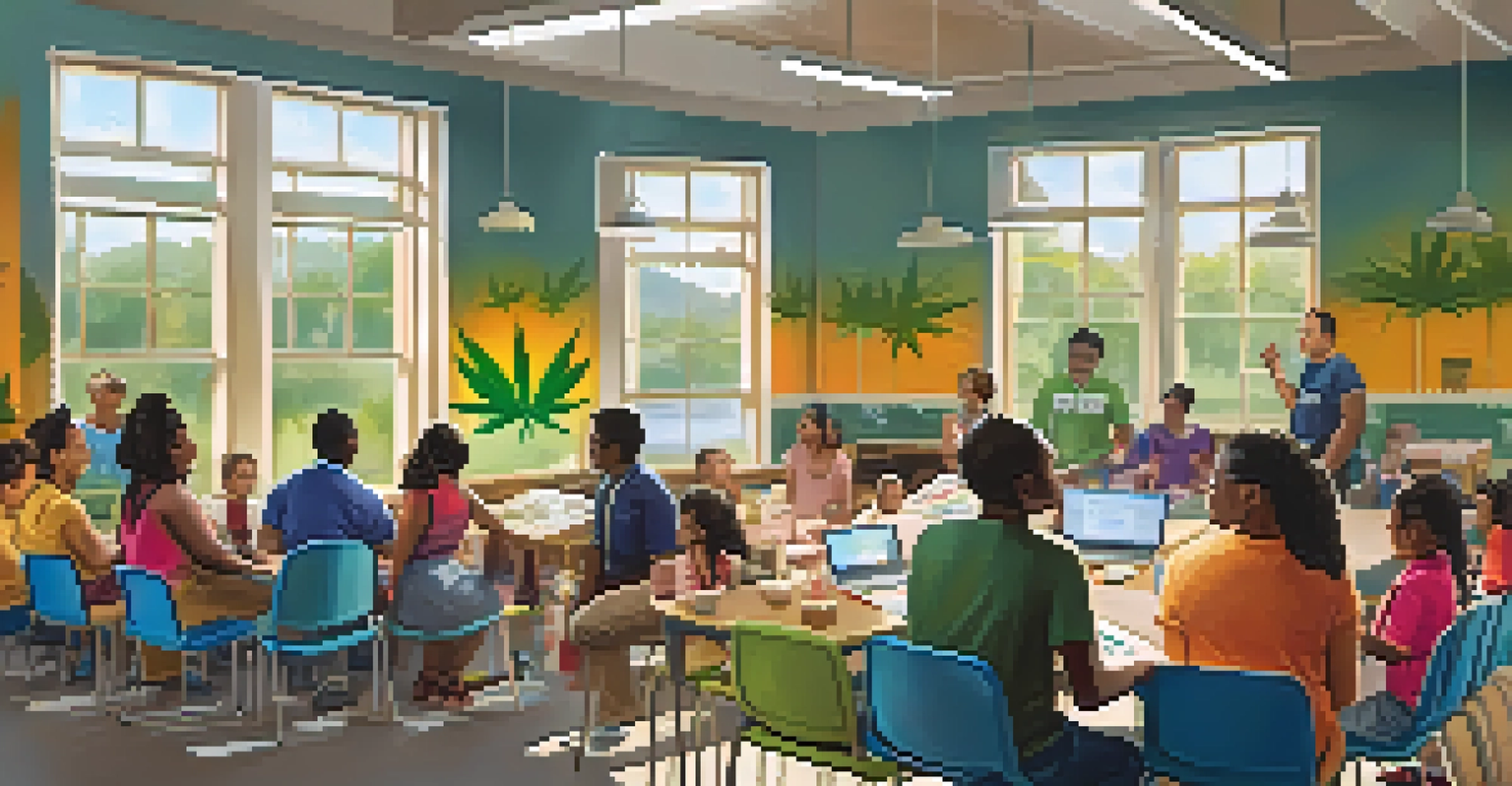 Parents attending a workshop in a community center about marijuana education, engaged and taking notes.