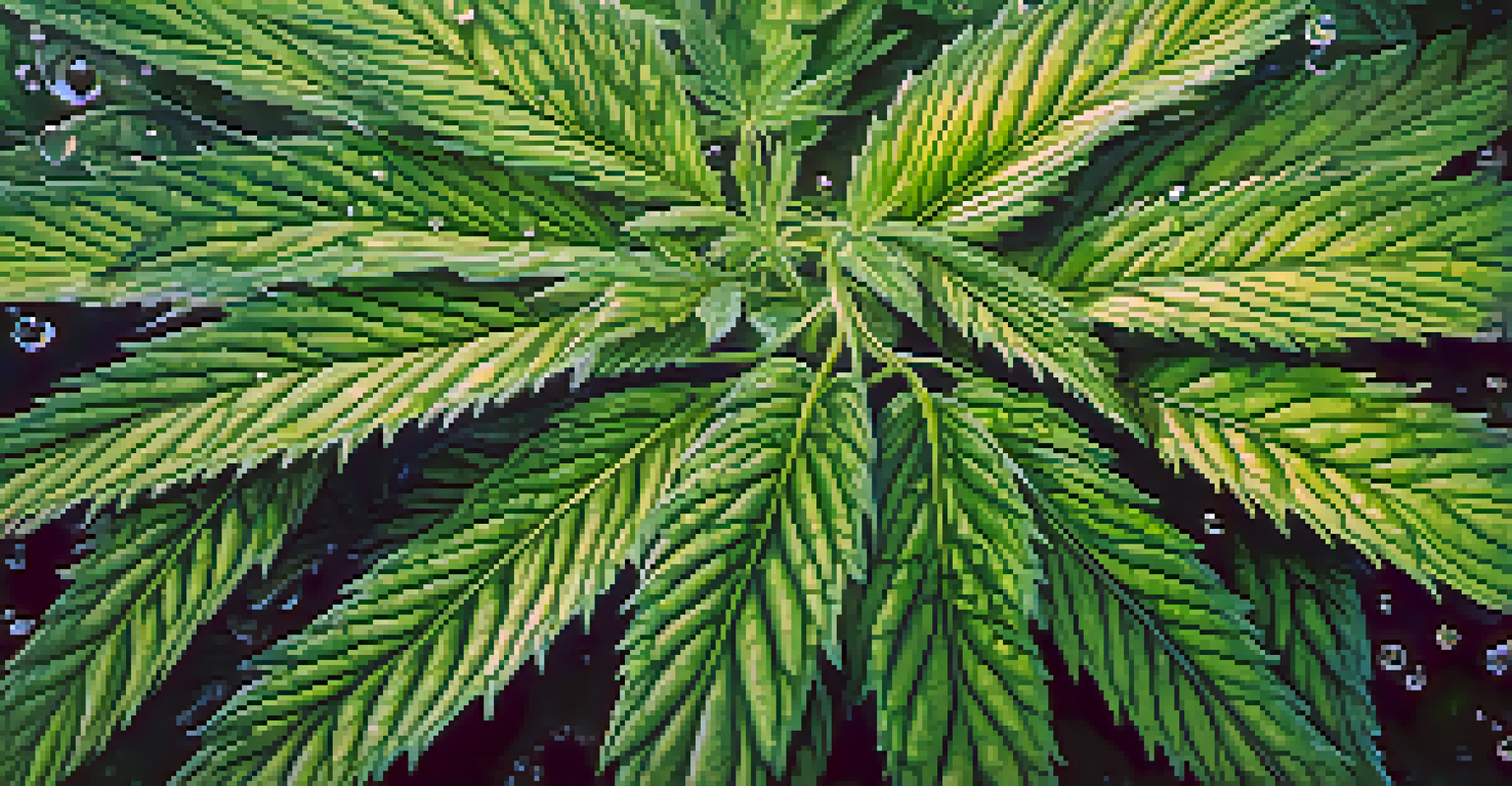 A close-up of cannabis leaves with water droplets, highlighting their texture and vibrant green colors.