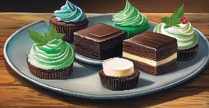 A plate featuring various marijuana-infused desserts, including brownies, cupcakes, and cheesecake, on a wooden table with warm lighting.